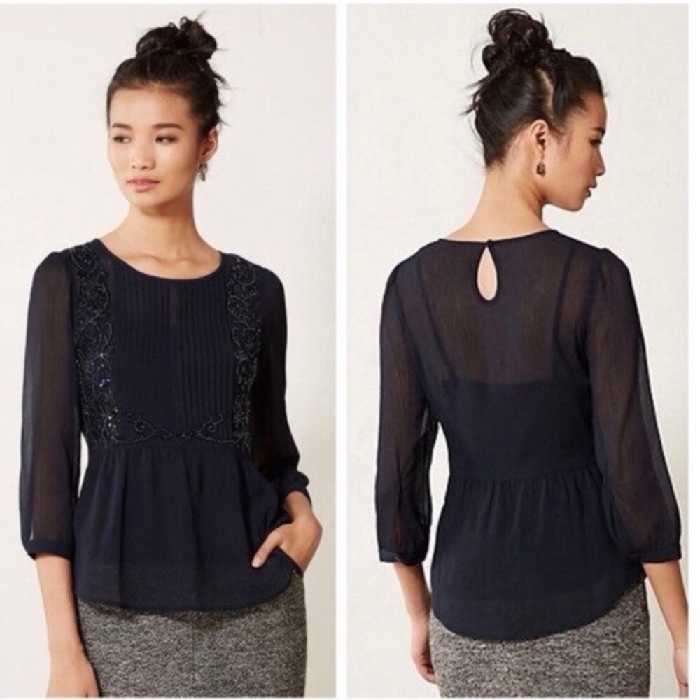 Anthropologie Maeve Navy Sheer Blouse with Embroidered Details